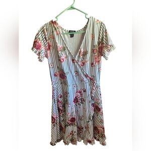 B2G1 FREE! Floral Striped Faux Wrap Dress